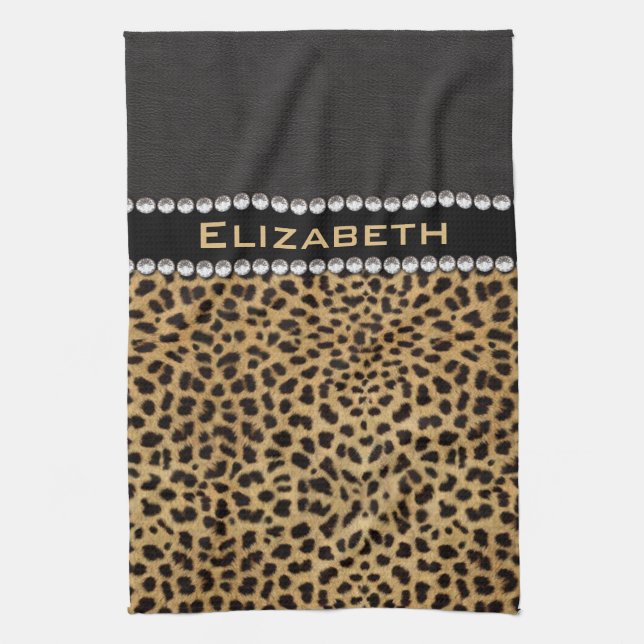 Leopard Spot Rhinestone Diamonds Monogram PHOTO Kitchen Towel (Vertical)