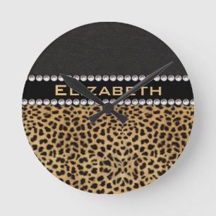 Leopard Spot Rhinestone Diamonds Monogram PHOTO Round Clock