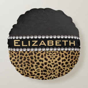 Leopard Spot Rhinestone Diamonds Monogram PHOTO Round Pillow