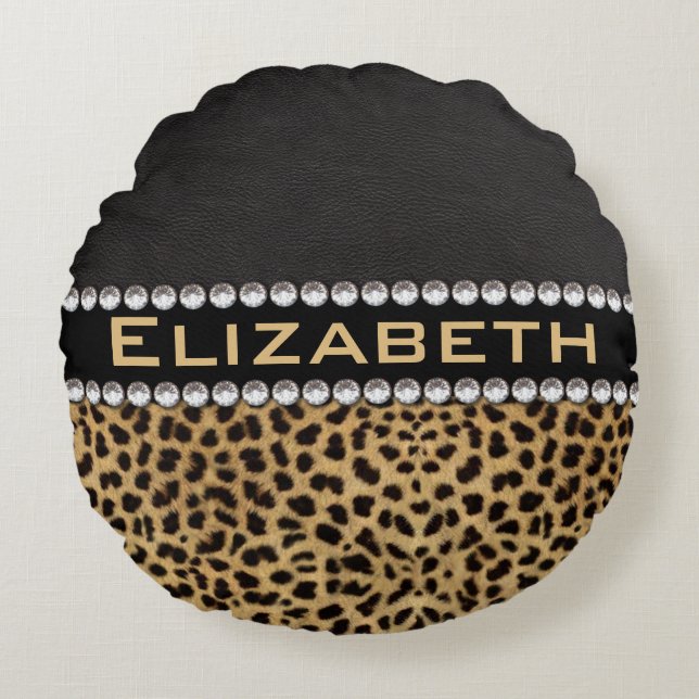 Leopard Spot Rhinestone Diamonds Monogram PHOTO Round Pillow (Front)