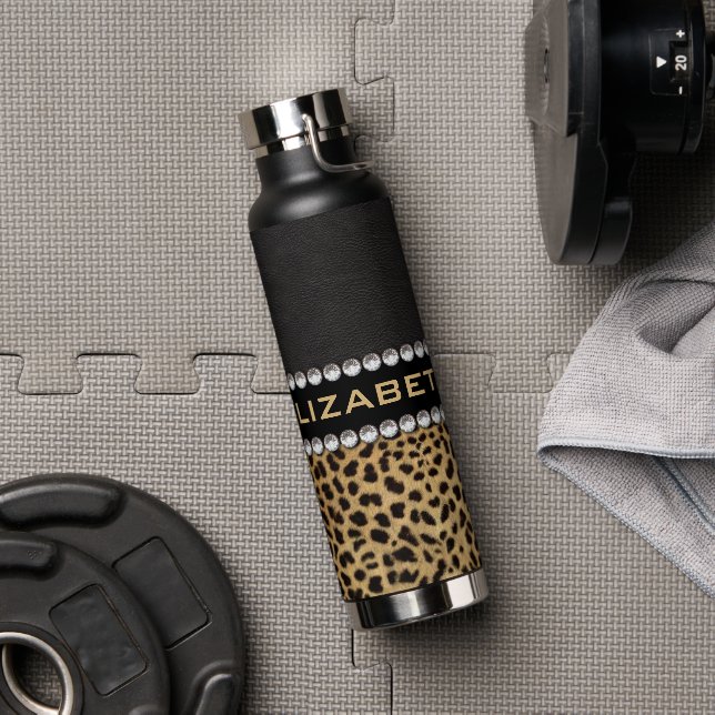 Leopard Spot Rhinestone Diamonds Monogram Water Bottle (Gym)