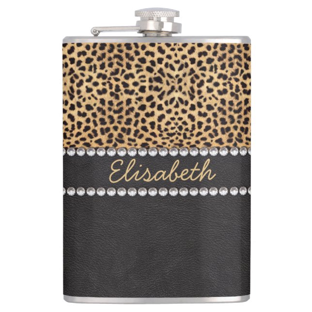 Leopard Spot Rhinestone Diamonds Personalized Hip Flask (Front)