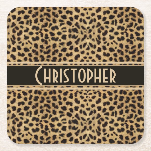 Leopard Spot Skin Print Personalized Square Paper Coaster (Front)