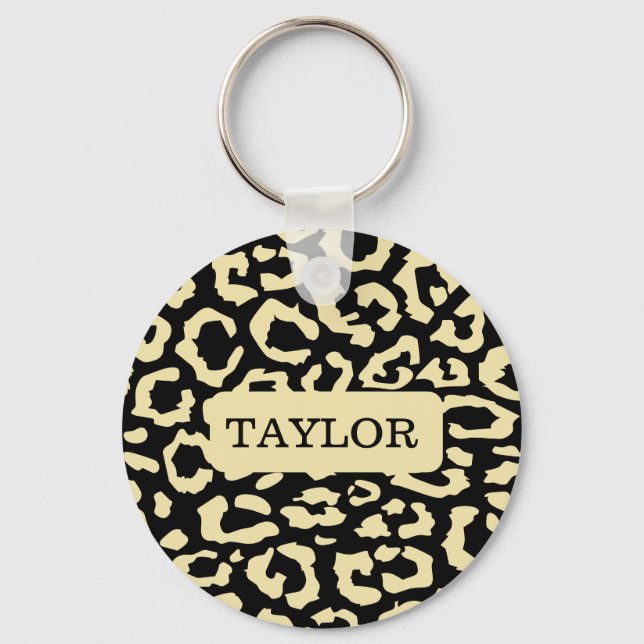 Leopard Spots Black And Gold Animal Print Pattern Keychain (Front)