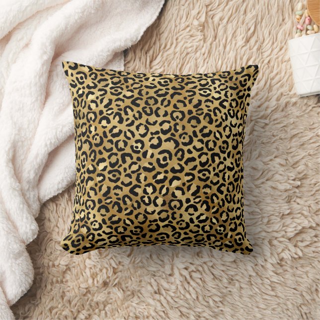 Leopard Spots Gold Black Animal Print Pattern Throw Pillow (Blanket)