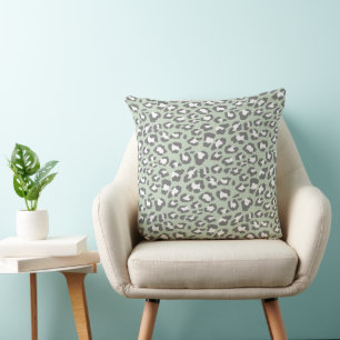 Leopard Spots Sage Green Grey Animal Print Pattern Throw Pillow