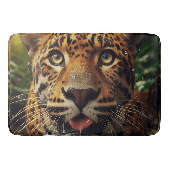 Leopard Stares While Lapping Water in Jungle  Bath Mat (Front)
