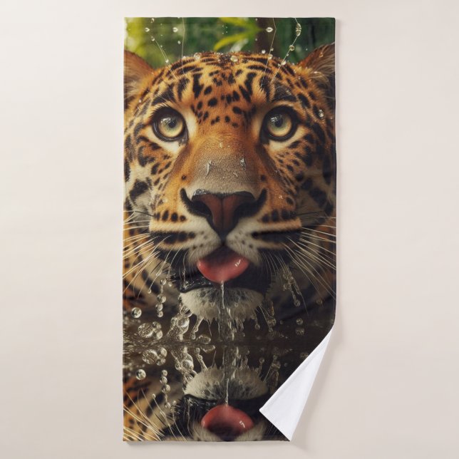 Leopard Stares While Lapping Water in Jungle  Bath Towel (Bath Towel)