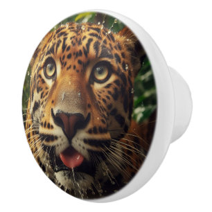 Leopard Stares While Lapping Water in Jungle  Ceramic Knob