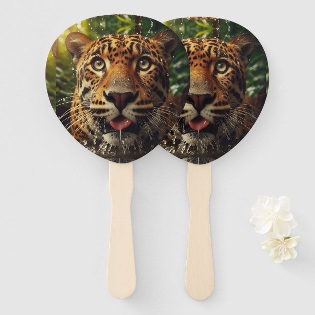 Leopard Stares While Lapping Water in Jungle  Hand Fan (Front and Back)