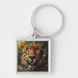 Leopard Stares While Lapping Water in Jungle Keychain