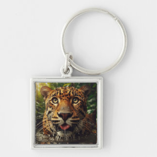 Leopard Stares While Lapping Water in Jungle  Keychain
