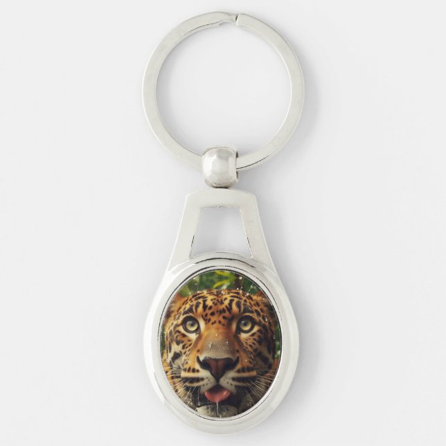 Leopard Stares While Lapping Water in Jungle  Keychain (Front)
