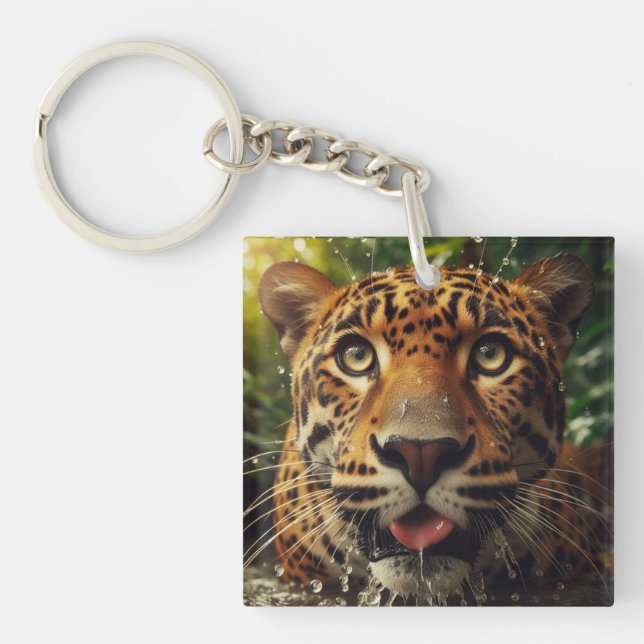 Leopard Stares While Lapping Water in Jungle  Keychain (Front)