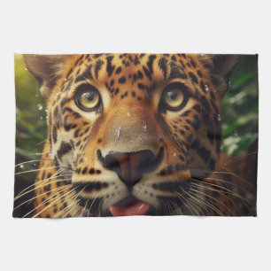 Leopard Stares While Lapping Water in Jungle Kitchen Towel