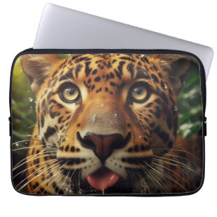 Leopard Stares While Lapping Water in Jungle  Laptop Sleeve
