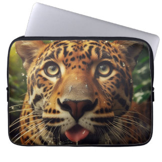 Leopard Stares While Lapping Water in Jungle Laptop Sleeve
