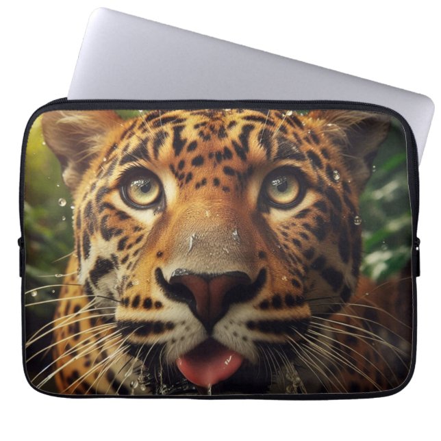 Leopard Stares While Lapping Water in Jungle  Laptop Sleeve (Front)