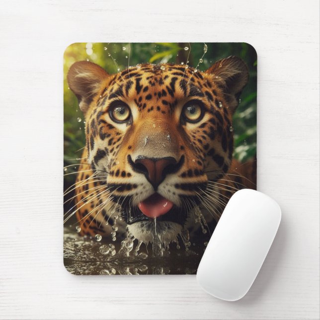 Leopard Stares While Lapping Water in Jungle  Mouse Pad (With Mouse)