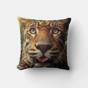 Leopard Stares While Lapping Water in Jungle  Throw Pillow