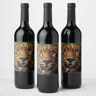 Leopard Stares While Lapping Water in Jungle Wine Label