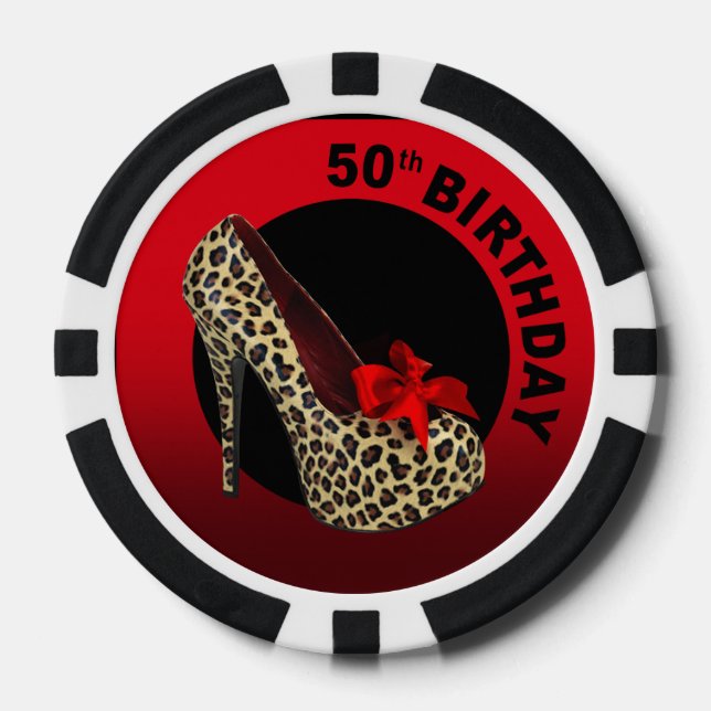 Leopard Stiletto 50th Birthday red black Poker Chips (Front)