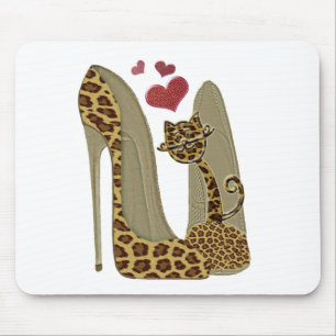 Leopard Stiletto Shoes and Cat Art Mouse Pad