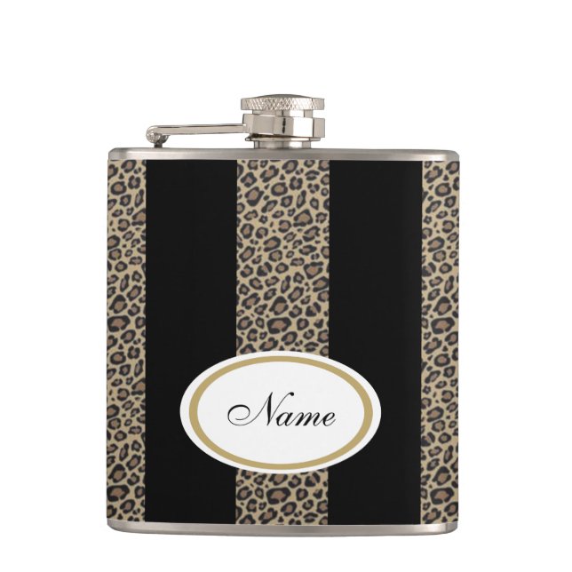 Leopard stripes elegant modern custome name black hip flask (Front)