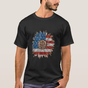 Leopard Sunflower American Flag Patriotic 4th Of J T-Shirt