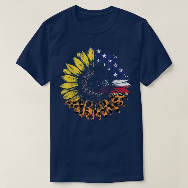 Leopard Sunflower American US Flag 4th of July Pat T-Shirt (Design Front)