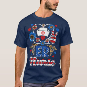 Leopard Sunflower ER Nurse American Flag Funny 4th T-Shirt
