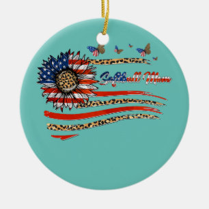 Leopard Sunflower Softball Mom USA Flag Patriotic Ceramic Ornament