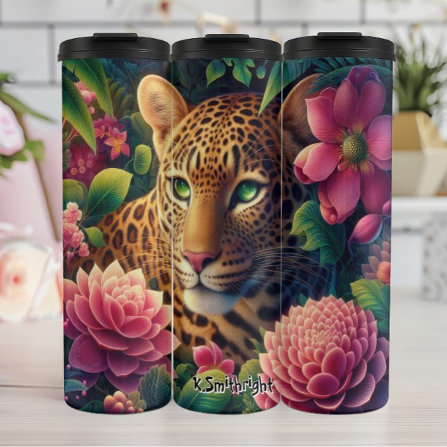 Leopard Surrounded by Tropical Flowers Thermal Tumbler (Creator Uploaded)