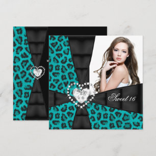Leopard Teal Blue Sweet 16 Sixteen Birthday Party Invitation