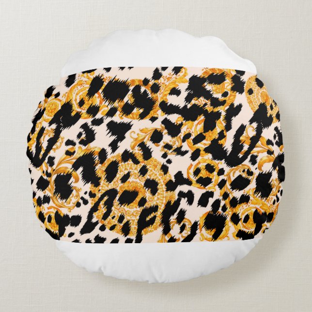 Leopard texture with gold baroque pattern round pillow (Front)