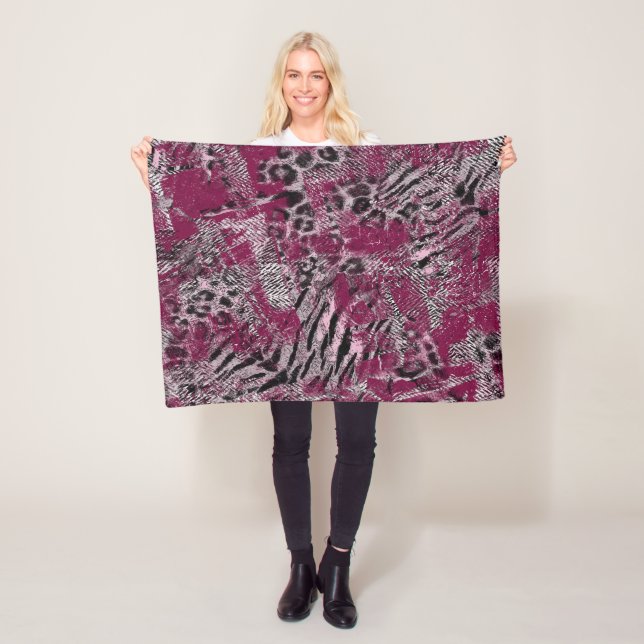 Leopard tiger grey Burgundy spotted animal skin . Fleece Blanket (In Situ)