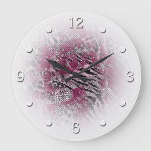 Leopard tiger grey Burgundy spotted animal skin Large Clock