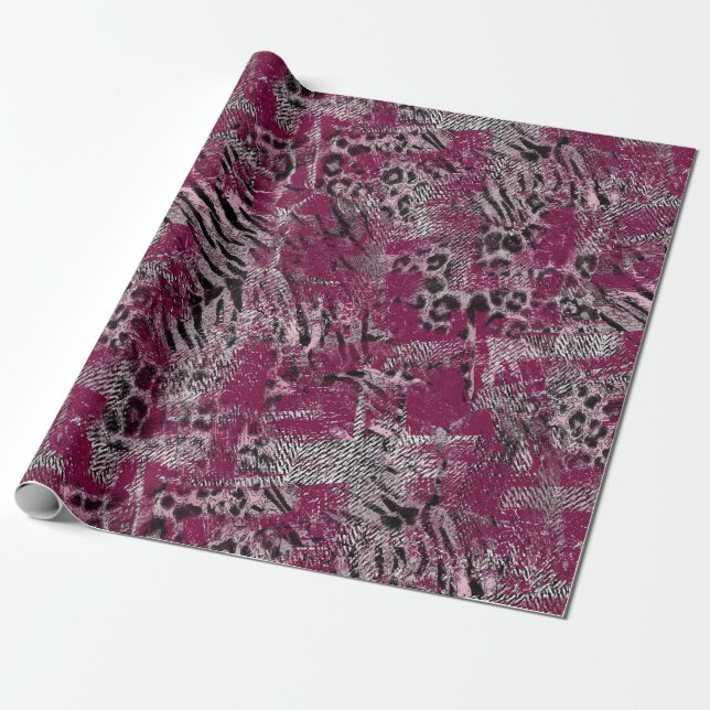Leopard tiger grey maroon spotted wrapping paper (Unrolled)