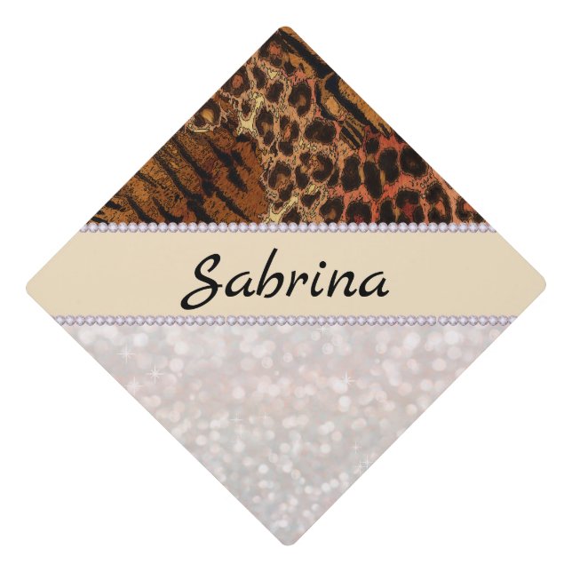 leopard tiger skin pink diamond glitter crystals g graduation cap topper (Front)