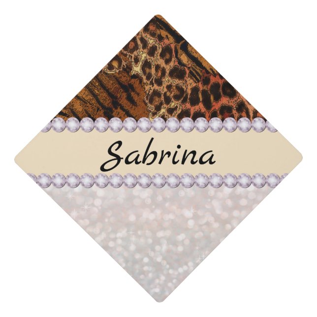leopard tiger skin pink diamond glitter crystals graduation cap topper (Front)