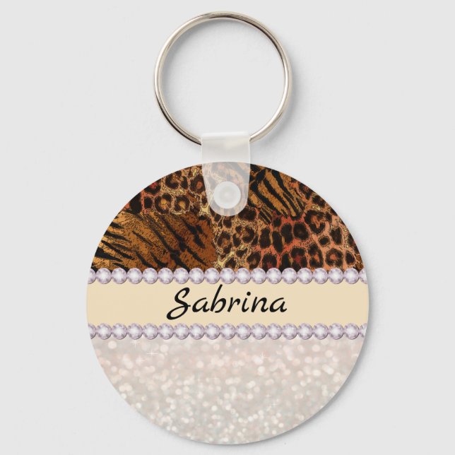 Leopard tiger skin pink diamond glitter crystals keychain (Front)