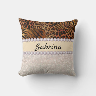 leopard tiger skin pink diamond glitter crystals throw pillow