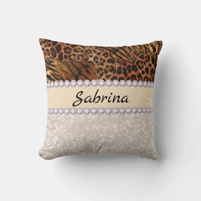 leopard tiger skin pink diamond glitter crystals throw pillow (Front)