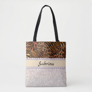 leopard tiger skin pink diamond glitter crystals tote bag