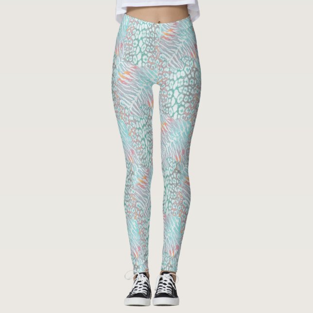 Leopard ,tiger, skin, spotted, striped, Turquoise, Leggings (Front)