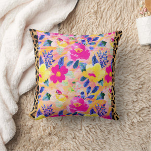 Leopard Trim Pink Floral Throw Pillow
