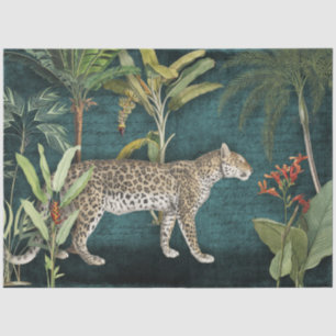 Leopard Tropical Floral n Foliage Teal Decoupage Tissue Paper