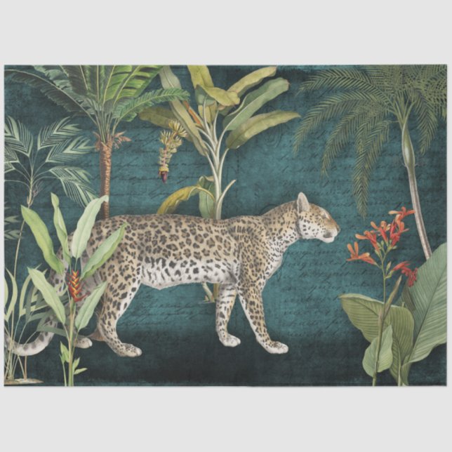 Leopard Tropical Floral n Foliage Teal Decoupage Tissue Paper (Front)