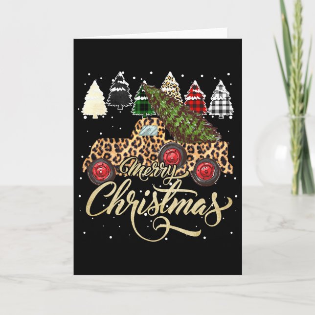 Leopard Truck Plaid Leopard Christmas Tree Merry C Card (Front)