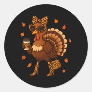 Leopard Turkey Drinking Coffee Thanksgiving Women Classic Round Sticker